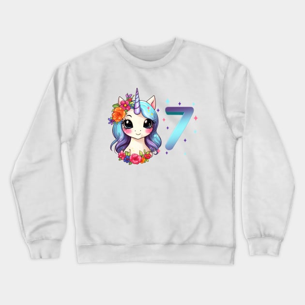 I am 7 with unicorn - girl birthday 7 years old Crewneck Sweatshirt by Modern Medieval Design
